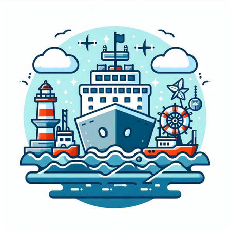 Cruise ship on the sea. Vector illustration in a flat styleのイラスト素材