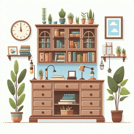 Bookshelf with books and plants. Flat style vector illustration.のイラスト素材
