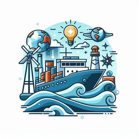 Sea transport. Ship, wind turbine, seagulls and solar panels. Vector illustrationのイラスト素材