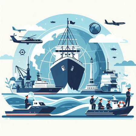 Vector illustration of the sea and ships. Flat style. The concept of travel and tourism.のイラスト素材