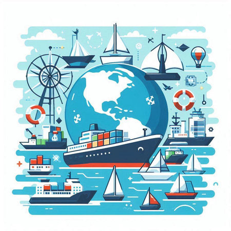 Sea transportation flat vector illustration. Cargo ship, ship, boat, ship, lighthouse, lighthouse, wheel, ship, seagull. Logistics, transportation and shipping conceptのイラスト素材