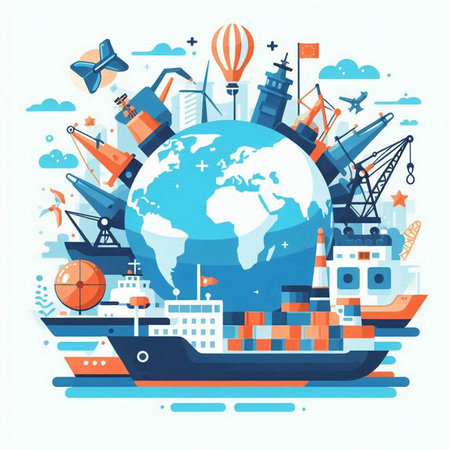 Global shipping and logistics concept. Cargo ship, ship, container, ship, ship, plane, ship, lighthouse, lighthouse, ship, plane, ship. Vector illustrationのイラスト素材