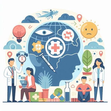 Global healthcare and medicine concept. Vector flat graphic design illustration of doctor, scientist, scientist, physician, scientist, scientist, scientist, laboratory assistantのイラスト素材