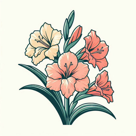 Illustration of a bouquet of gladiolus flowers in retro styleのイラスト素材