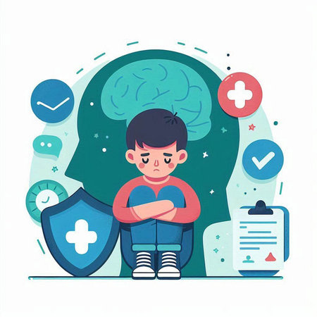 Cute boy with mental health problems. Health care concept. Vector illustration.のイラスト素材