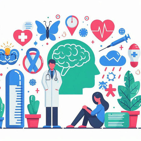 Vector illustration of doctor and patient in front of brain with medical icons.のイラスト素材