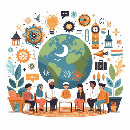 Muslim people around the globe. Muslim men and women sitting around the globe. Vector illustration.のイラスト素材