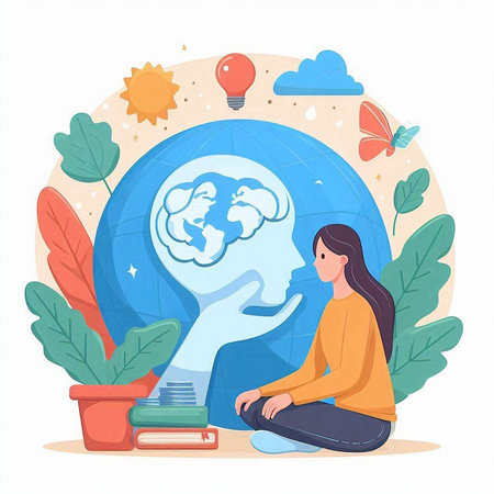Vector illustration of a young woman sitting on the floor and looking at the globe.のイラスト素材