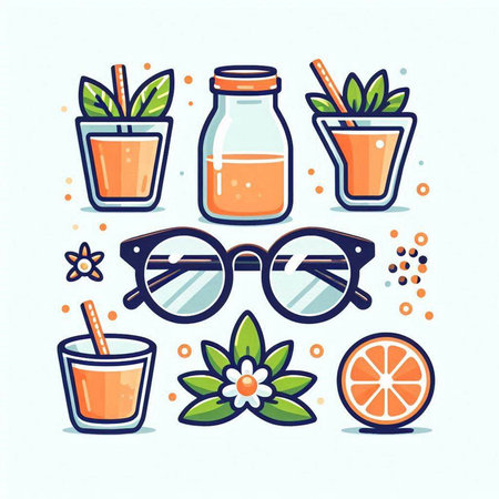 Cocktail icons set. Glasses, straws, oranges, flowers. Vector illustrationのイラスト素材
