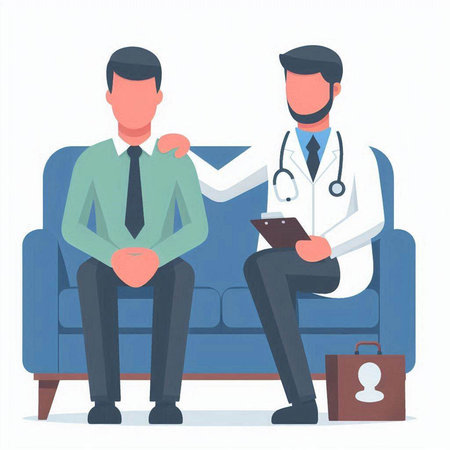 Doctor and patient. Doctor with stethoscope sitting on sofa and talking to patient. Vector illustration in flat styleのイラスト素材