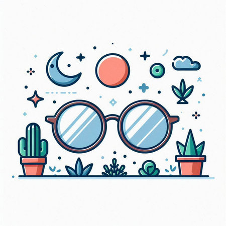 Glasses, cactus, moon and stars. Vector illustration.のイラスト素材