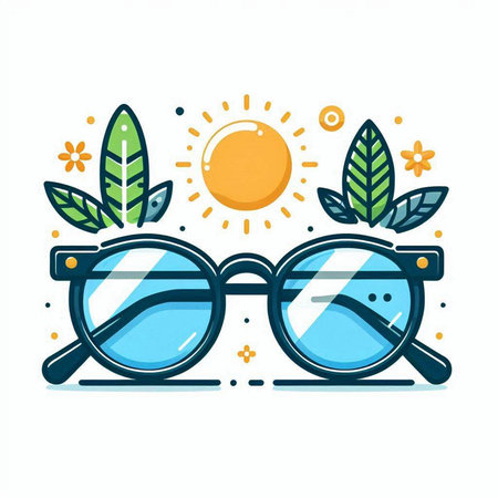 Vector illustration of sunglasses with sun and leafs on white background.のイラスト素材