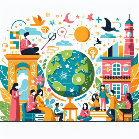 Vector illustration in flat style with people reading books and doing activities in the cityのイラスト素材