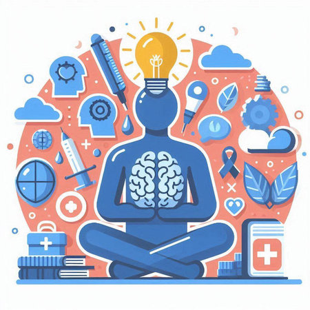 Vector illustration of a man meditating with a lightbulb in his head.のイラスト素材