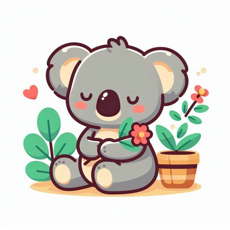 Cute koala sitting on the ground and holding flower. Vector illustration.のイラスト素材