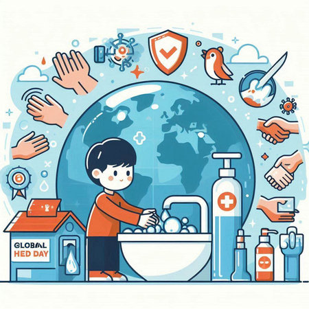 Vector illustration of boy washing hands with soap and sanitizer.のイラスト素材