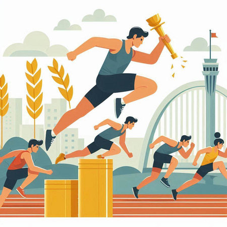 Athletics competition vector illustration. Athlete man and woman in sportswear running on stadium trackのイラスト素材