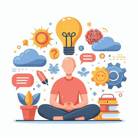 Man meditating in lotus pose with lightbulb. Vector illustrationのイラスト素材