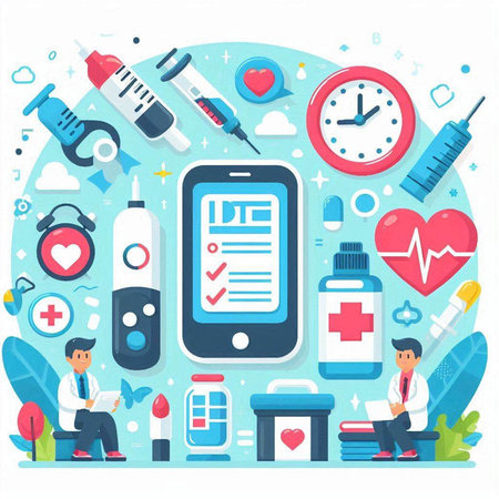 Online medical care concept. Vector flat graphic design illustration with smartphone, doctor, pills, stethoscope, thermometer, syringe, heart rate monitor and medical equipment.のイラスト素材