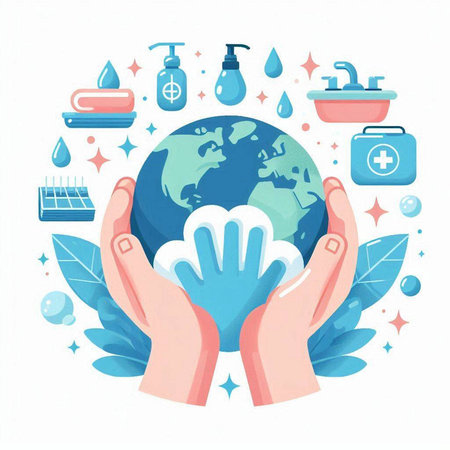 Coronavirus prevention concept. Hand sanitizer gel, hand washing hands and planet earth. Vector illustrationのイラスト素材