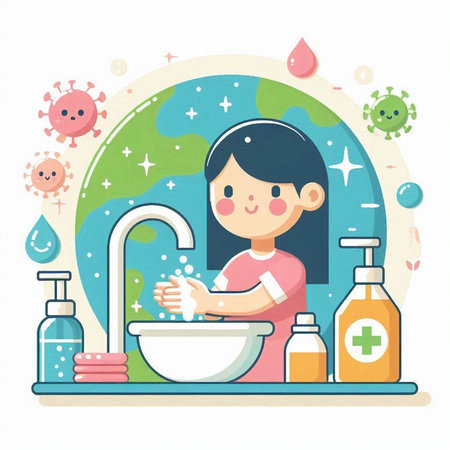 Cute little girl washing her hands in the bathroom. Vector illustration.のイラスト素材