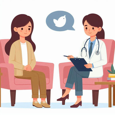 Female doctor talking to female patient. Vector illustration in cartoon style.のイラスト素材