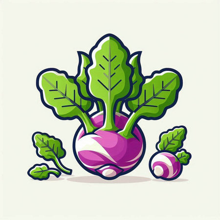 Purple turnip with green leaves and radish. Vegetable vector illustration.のイラスト素材