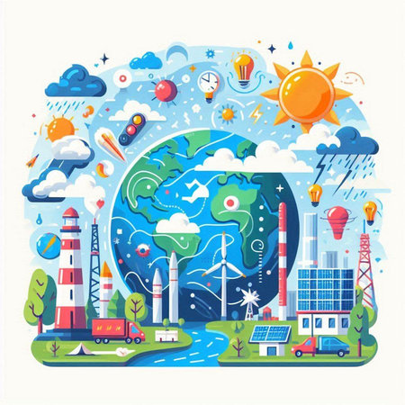 Ecology and environment concept. Vector flat cartoon illustration of planet earth with icons.のイラスト素材