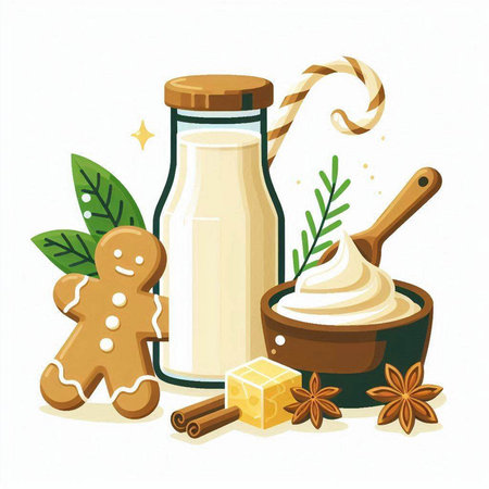 Milk in glass jar, gingerbread man, cinnamon and star anise. Vector illustration.のイラスト素材