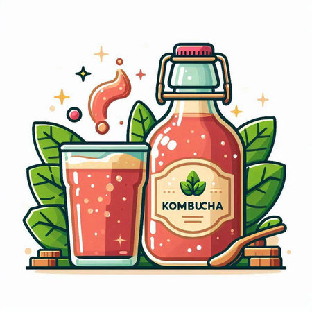 Kombucha drink in a glass and a bottle. Vector illustration.のイラスト素材