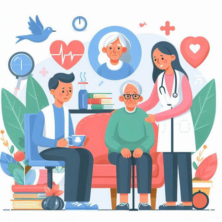 Elderly people in a nursing home. Flat vector illustration.のイラスト素材