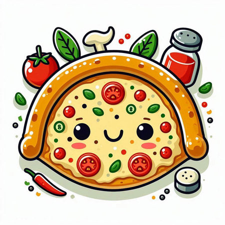 Pizza with kawaii face and ingredients. Vector illustration.のイラスト素材