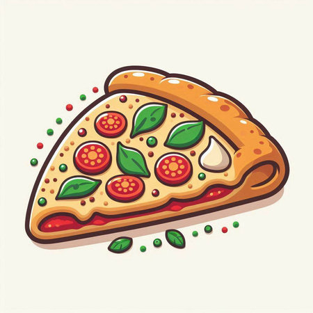 Pizza slice with tomato, pepper and mozzarella. Vector illustration.のイラスト素材