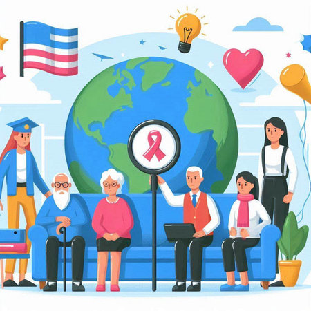 World Breast Cancer Day concept. Group of people with pink ribbon and world map. Vector illustrationのイラスト素材