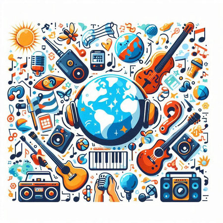 Colorful music background with musical instruments and symbols. Vector illustration.のイラスト素材