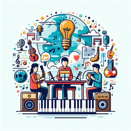 Music concept with musical instruments and people. Vector illustration in thin line style.のイラスト素材