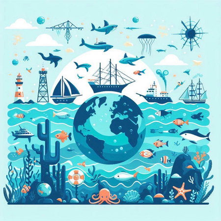 Sea life, ocean, fish, starfish, boat, lighthouse. Vector illustrationのイラスト素材