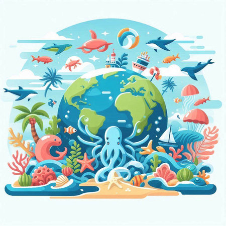 Cartoon vector illustration of the world in the ocean with marine animals.のイラスト素材