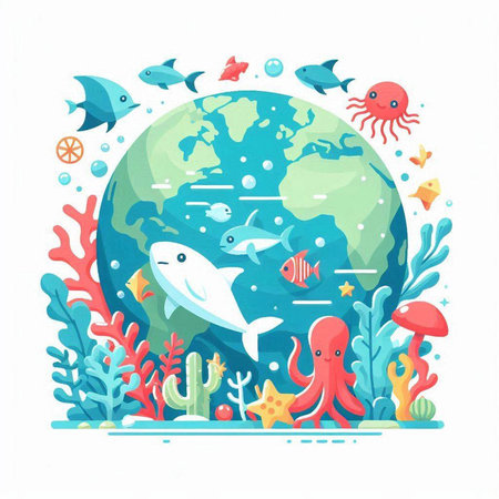 Underwater world with fish and animals. Vector illustration in flat styleのイラスト素材