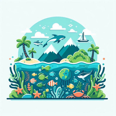 Underwater world. Vector illustration in flat style. Ocean, fish, starfish, mountains and island.のイラスト素材