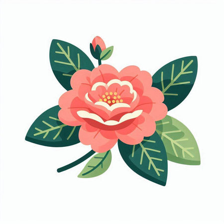 Cute pink rose with green leaves isolated on white background. Vector illustration.のイラスト素材