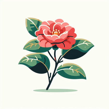 Camellia flower with leaves. Vector illustration in flat styleのイラスト素材