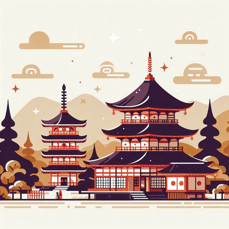 Vector illustration of chinese temple in flat style. Traditional japanese architecture.のイラスト素材