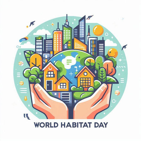 World Health Day concept. Vector illustration with human hands holding earth globe and cityscape.のイラスト素材
