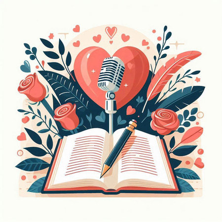 Vector illustration of a retro book with a microphone, hearts, roses and feathersのイラスト素材