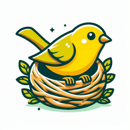 Vector illustration of yellow bird in nest on white background. Cartoon style.のイラスト素材
