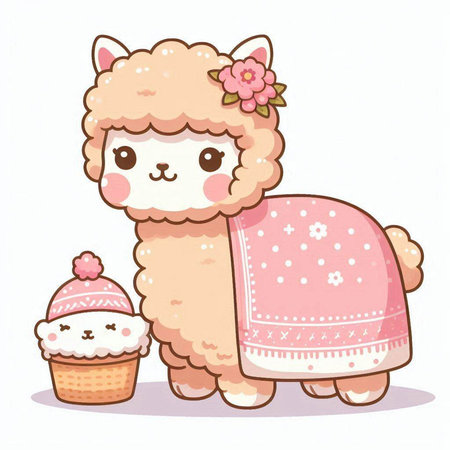 Cute alpaca with cupcake. Hand drawn vector illustration.のイラスト素材