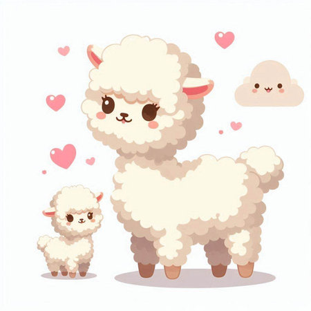 Cute cartoon white alpaca with cute kawaii sheep. Vector illustration.のイラスト素材