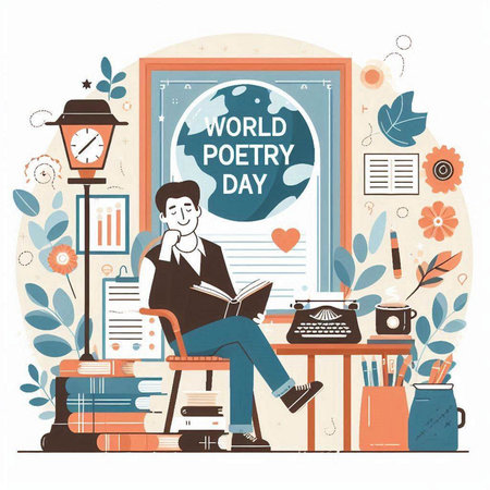 Flat design vector illustration concept for World Book Day. Young man reading a book at homeのイラスト素材