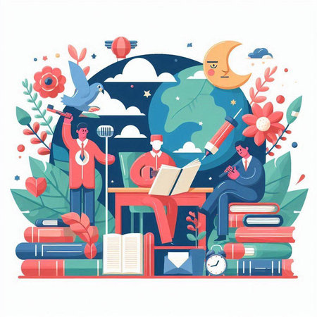 Vector illustration of a man reading a book in the library. Flat style.のイラスト素材